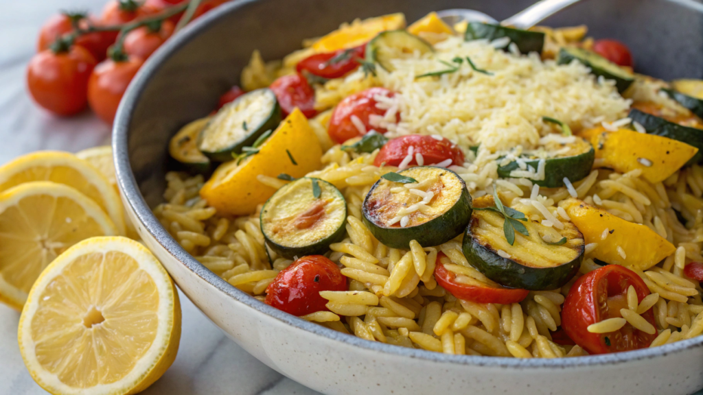 Zesty Lemon-Parmesan Orzo with Roasted Veggies