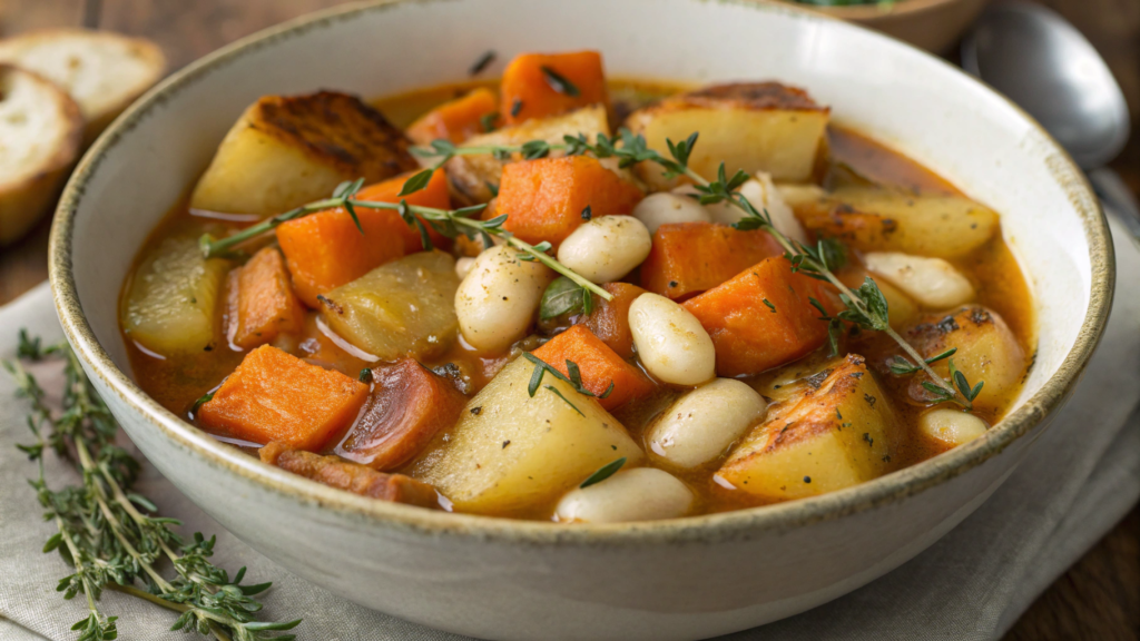 Roasted Root Vegetable Stew with Garlic-Thyme Broth