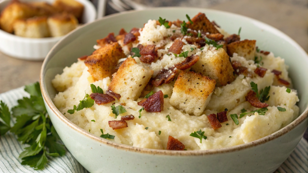 Parmesan Cauliflower Mash Bowl with Crispy Toppings
