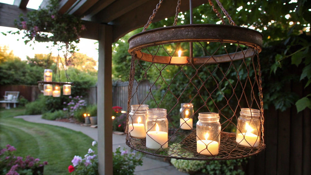 Outdoor Candle Chandelier From a Tomato Cage
