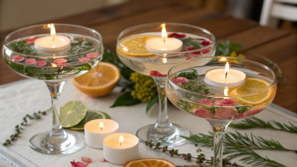 Thrifted Champagne Coupes Turned Into Floating Candle Centerpieces