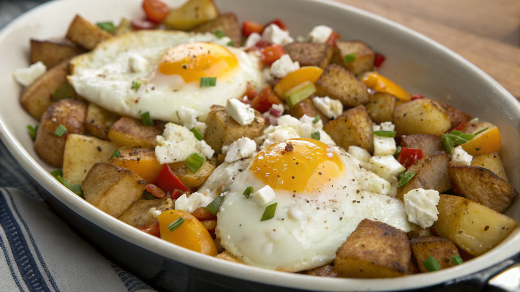 Air Fryer Breakfast Dinner Egg and Potato Hash With Feta