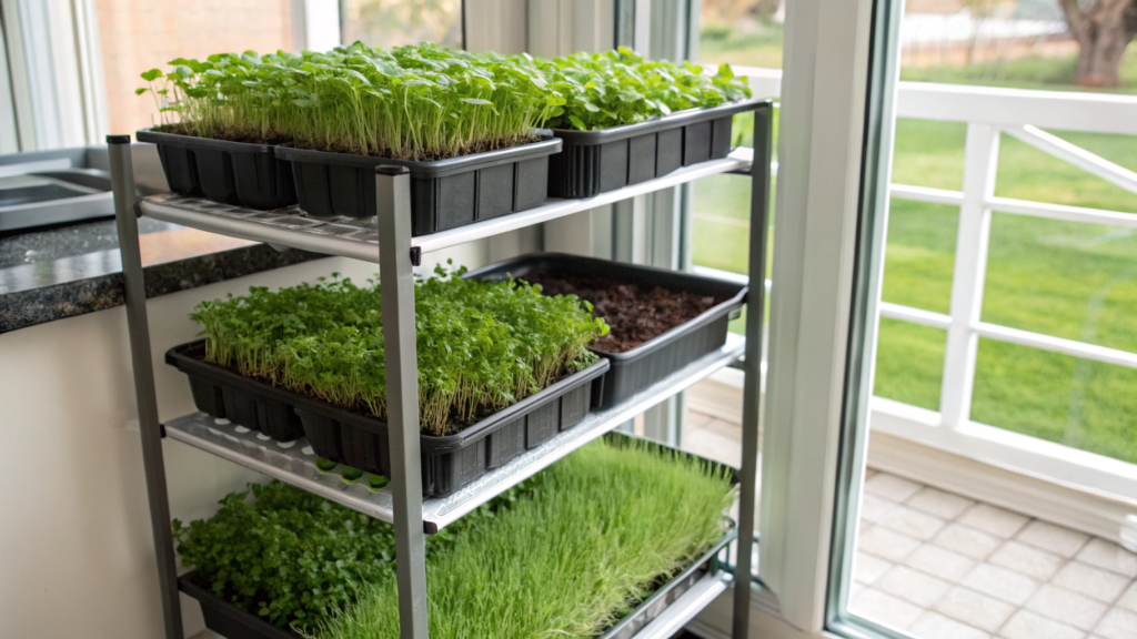 Microgreens tray rack for fast indoor to patio harvesting