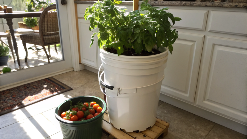 Five gallon bucket tomato tower with basil underplanting