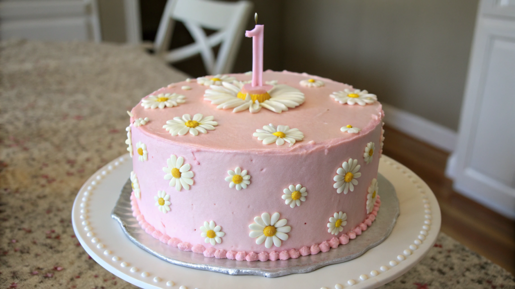 Pink Meadow 1st Birthday Cake With Tiny Daisies