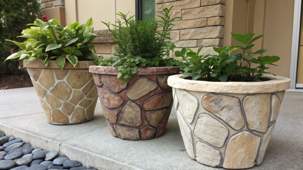 Stone Look Planters Using Painted Plastic Pots