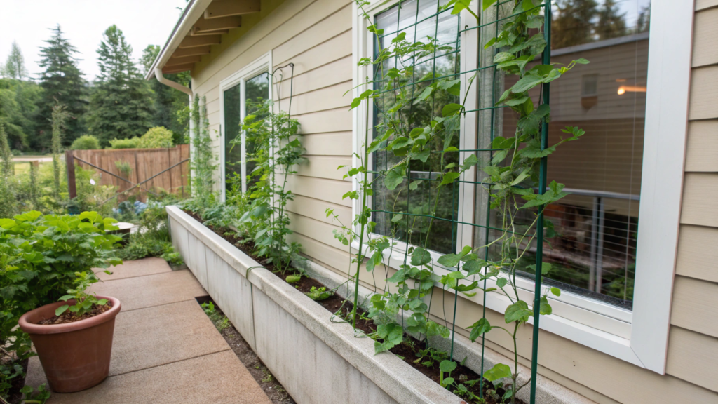 Window rail trellis for snap peas and sugar peas