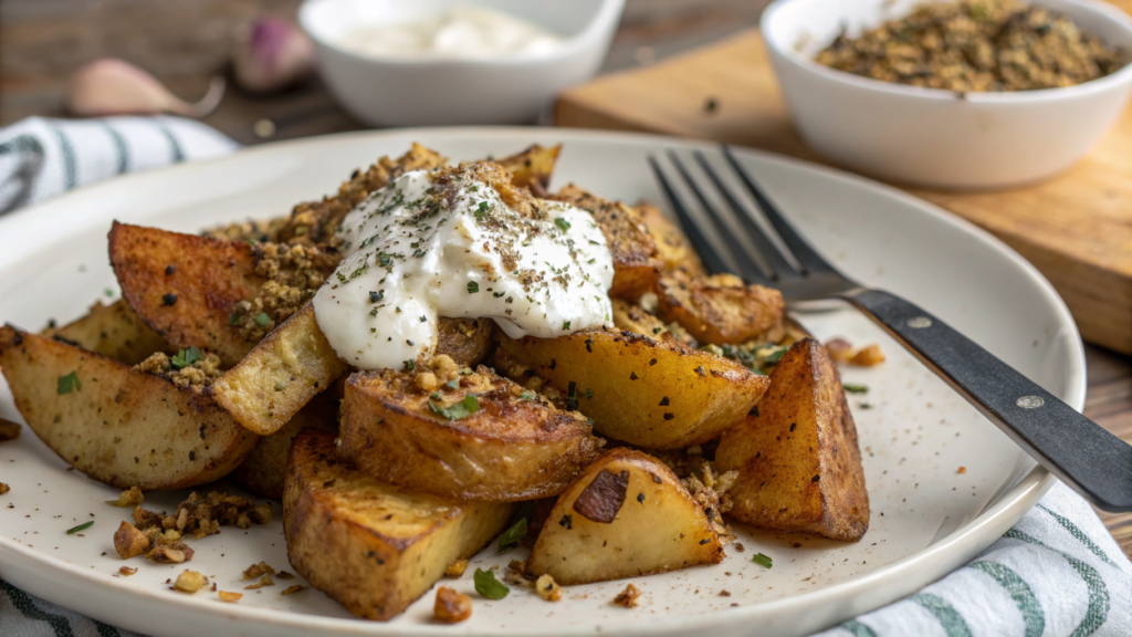 Air Fryer Potatoes With Garlic Toum and Za’atar Crunch