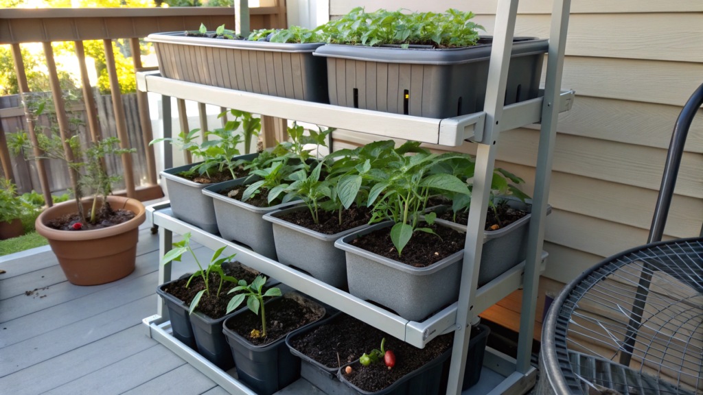 Two tier shelving garden for peppers and baby eggplant