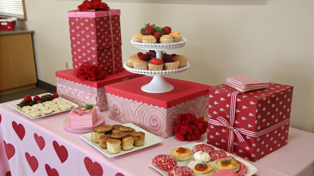 Valentines Brunch Decor Using Bakery Boxes as Risers
