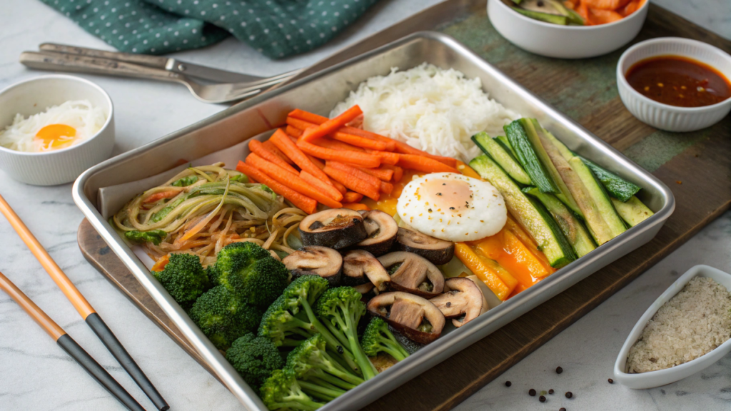 Bibimbap Sheet Pan Style With Gochujang Drizzle