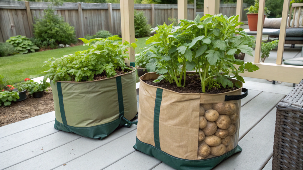 Fabric grow bag potato corner for patio harvests