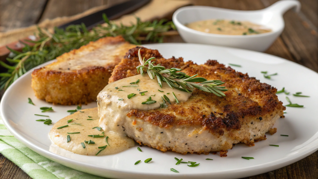 Air Fryer Pork Chops With Dijon Cream and Crispy Parmesan Rim