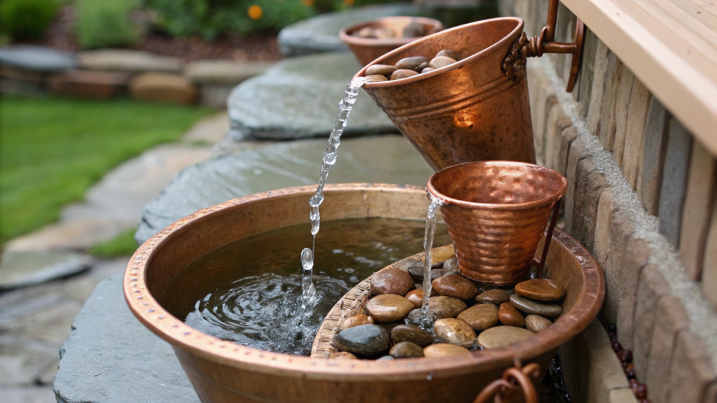 Rain Chain From Copper Cups With Splash Basin