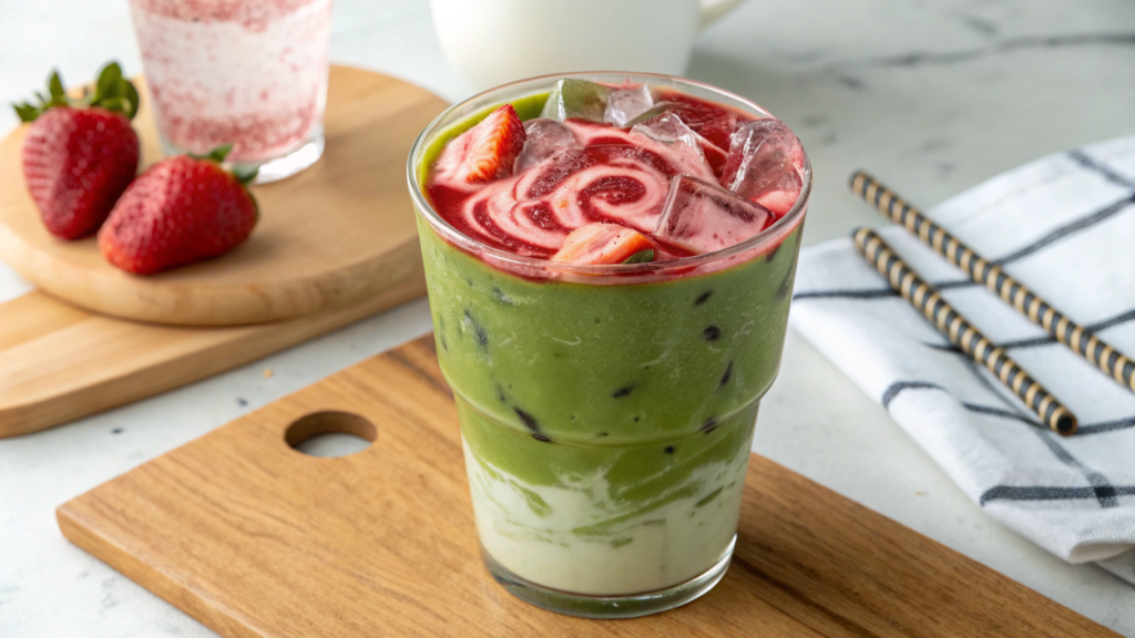 Iced Matcha With Strawberry Purée Swirl