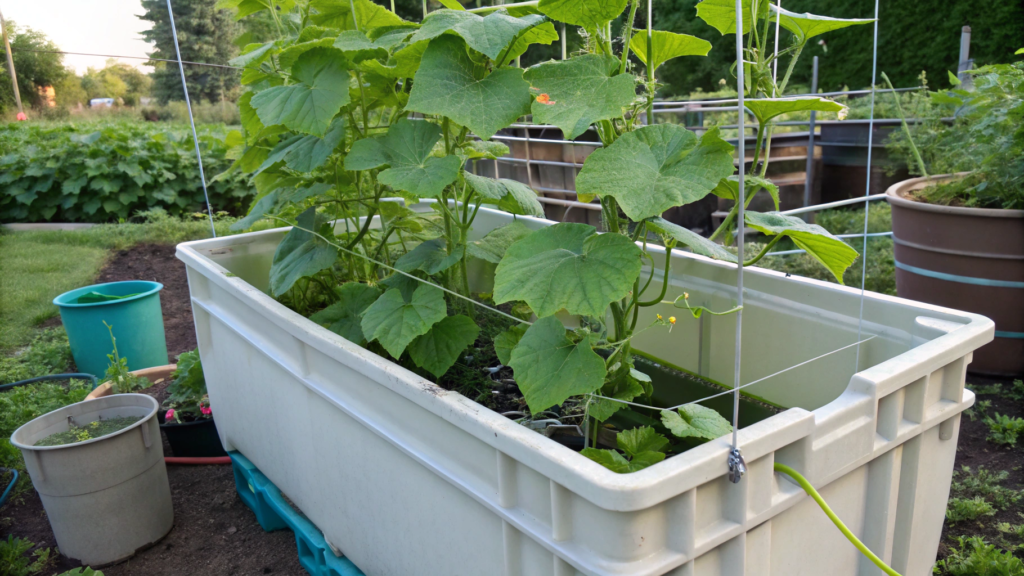 Self watering tote box for cucumbers with string trellis