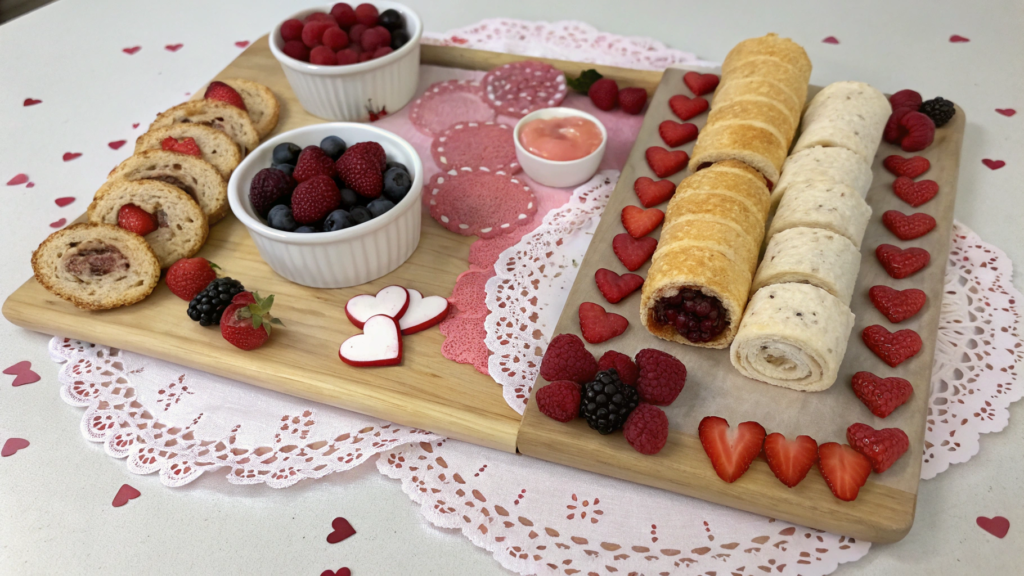 Valentines Brunch Board Setup With Paper Doilies and Parchment Layers