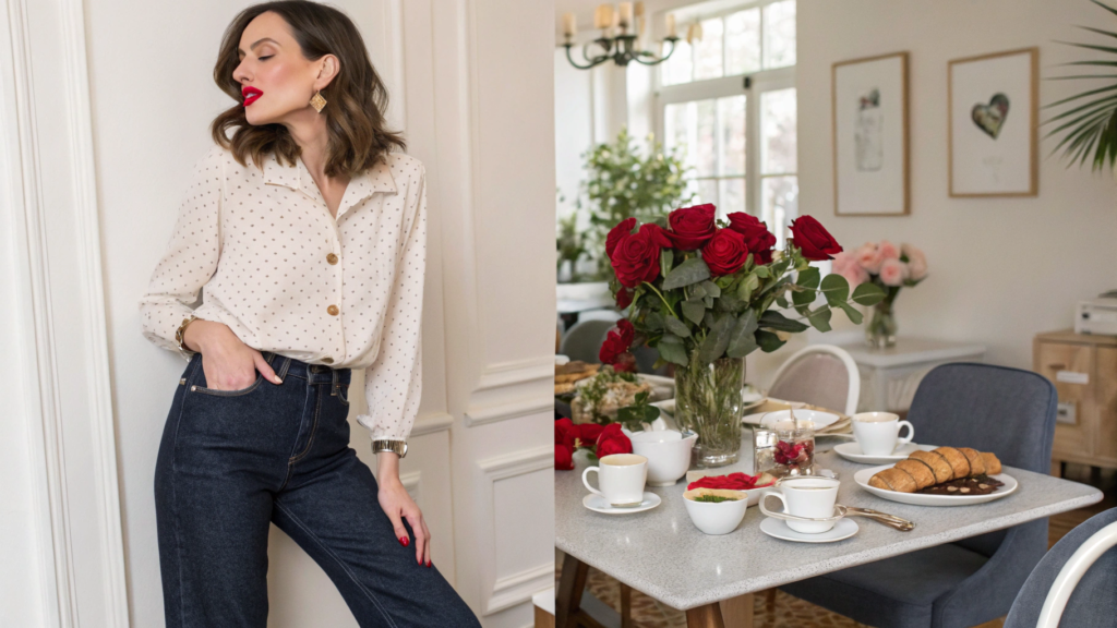 Casual Valentines Brunch Outfit Formula With Denim and a Statement Lip