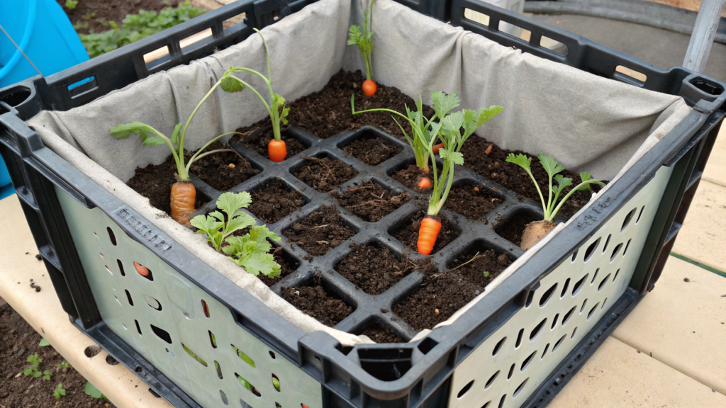 Milk crate root zone setup for carrots and radishes