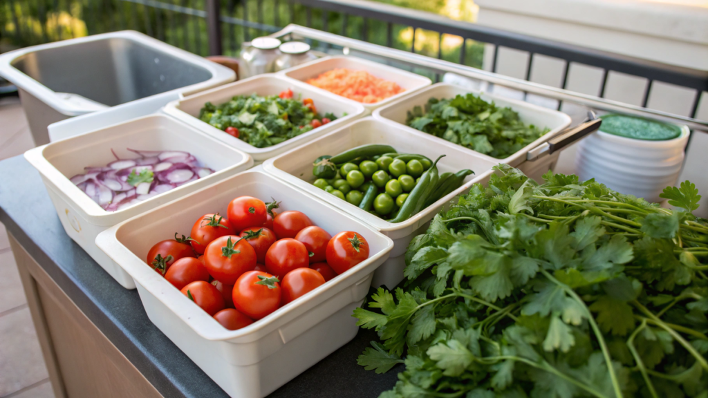 Patio salsa station with tomatoes jalapenos cilantro and onions