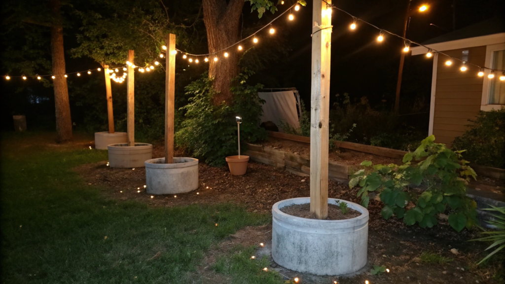 Pergola String Light Pole Bases Using Concrete Buckets