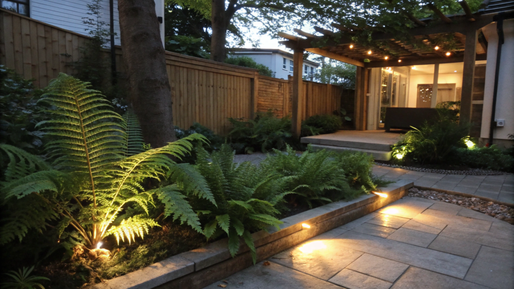 The Low Light Patio Garden Design With Ferns and LEDs