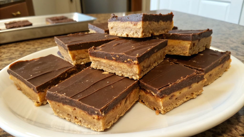 No bake homemade Reeses cups bars with graham cracker base
