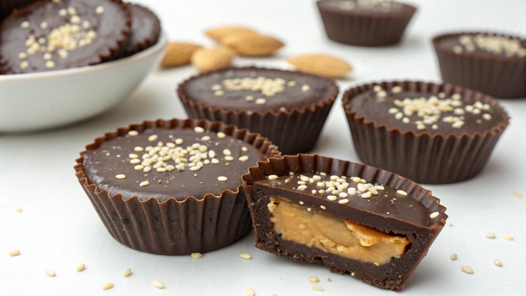 Homemade Reese’s Cups with peanut butter, tahini, and sesame