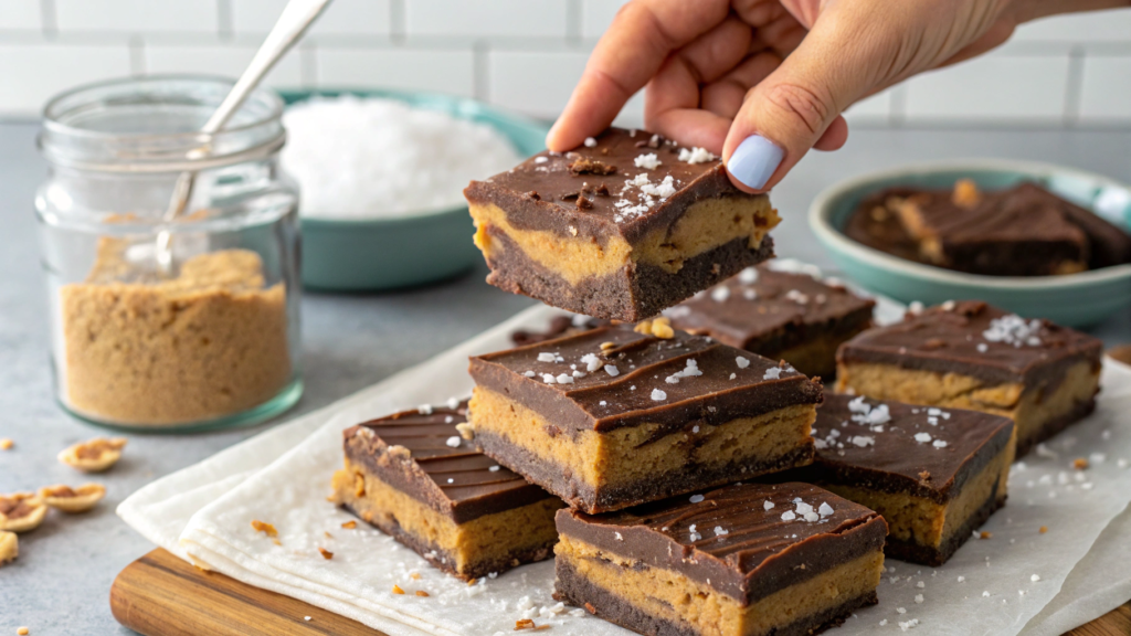 Thick swirl homemade Reeses cups bars with sea salt finish
