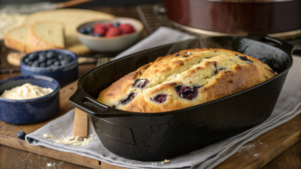 Dutch oven blueberry cream cheese loaf bread with crackly top