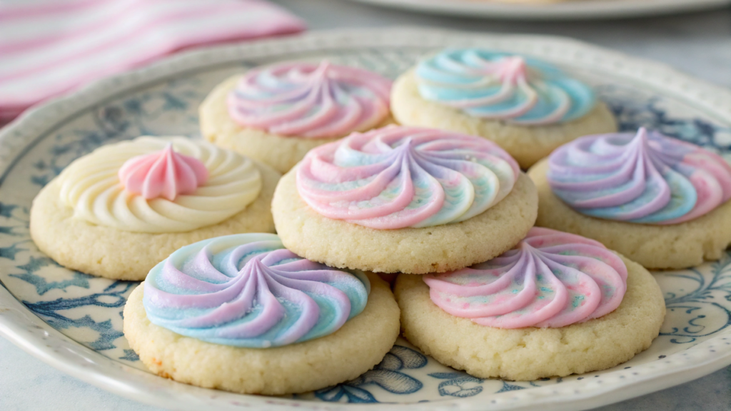 Soft vanilla sugar cookies with swirled pastel icing