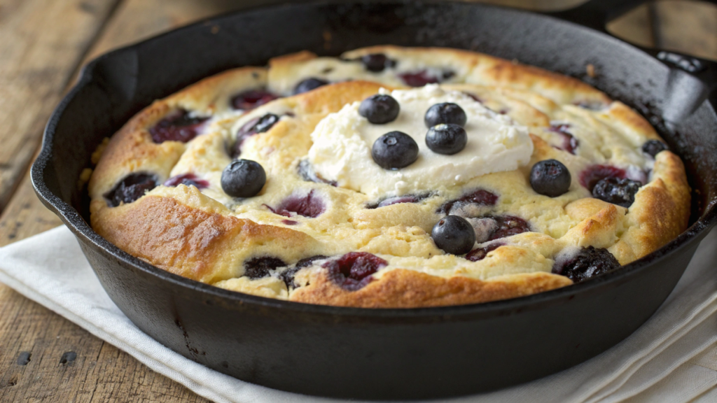 Round blueberry cream cheese loaf cake baked in a skillet