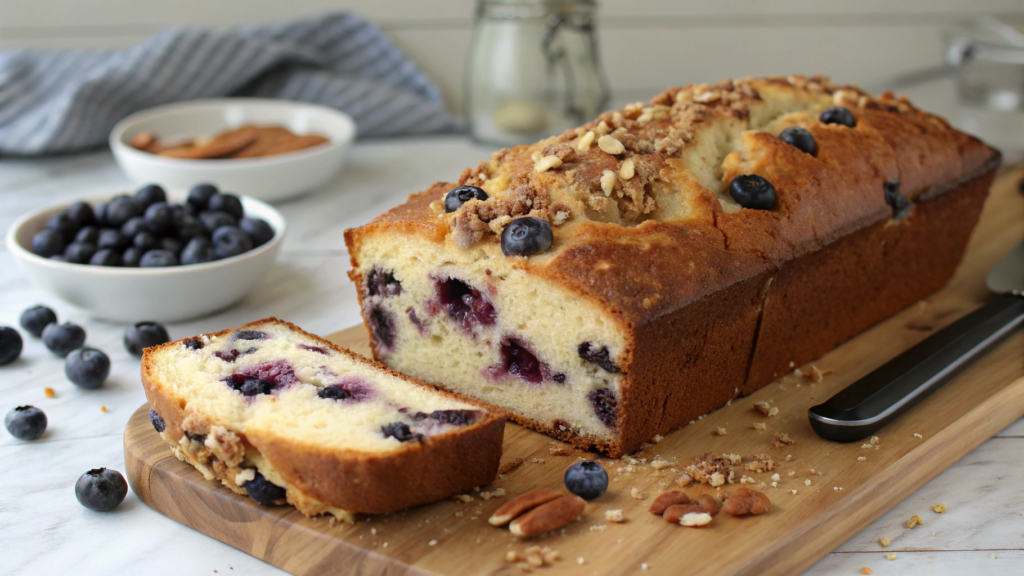 Brown butter blueberry cream cheese loaf with nutty notes