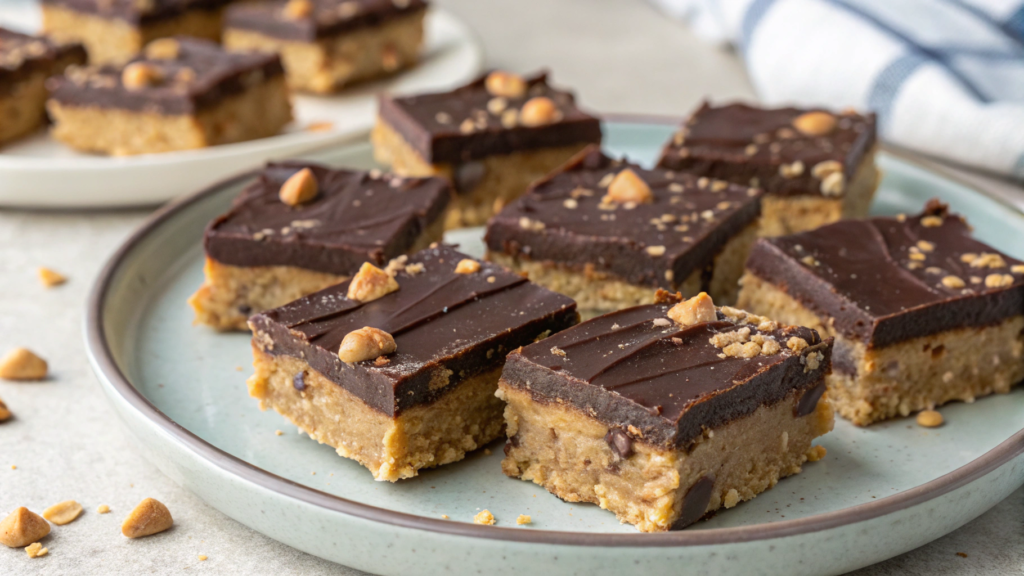 Healthy homemade Reeses cups bars with date peanut butter layer