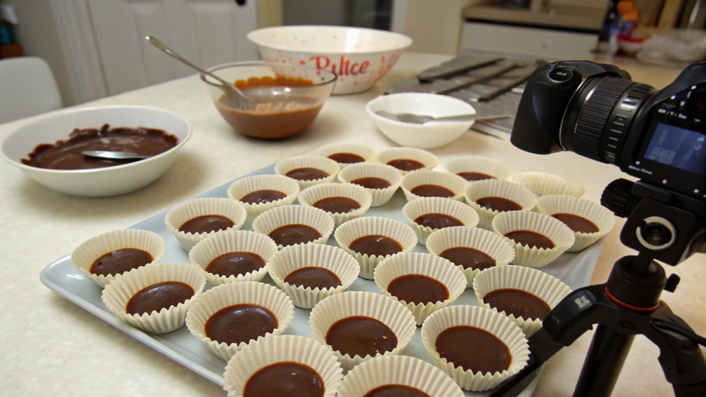 Homemade Reese’s Cups with paper liners that are easy to film