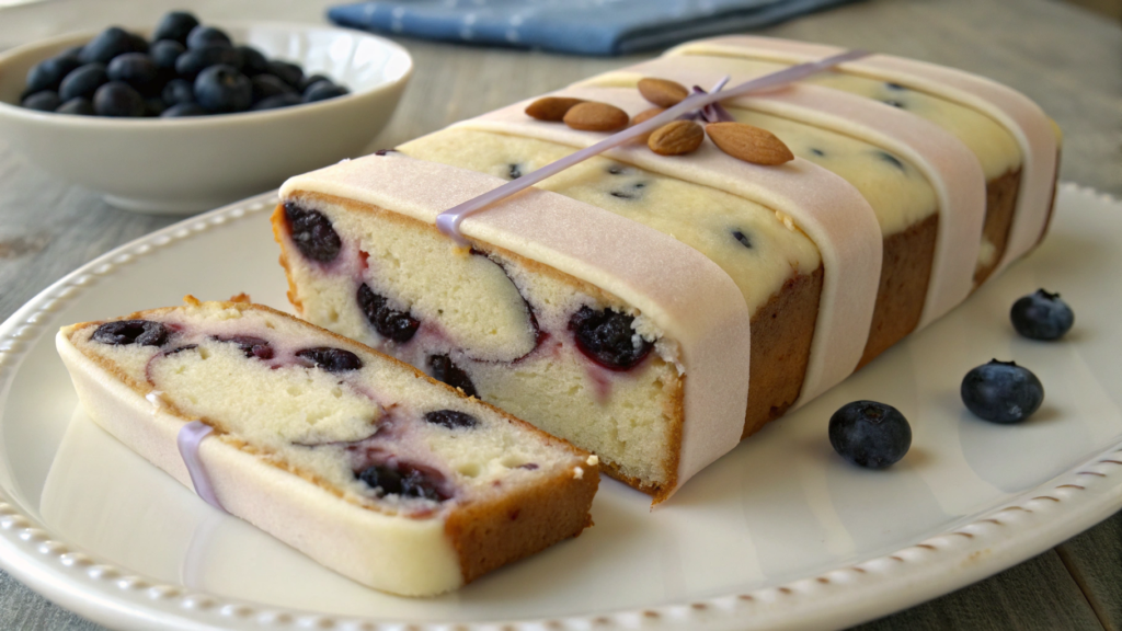 Almond paste blueberry cream cheese loaf with marzipan ribbon