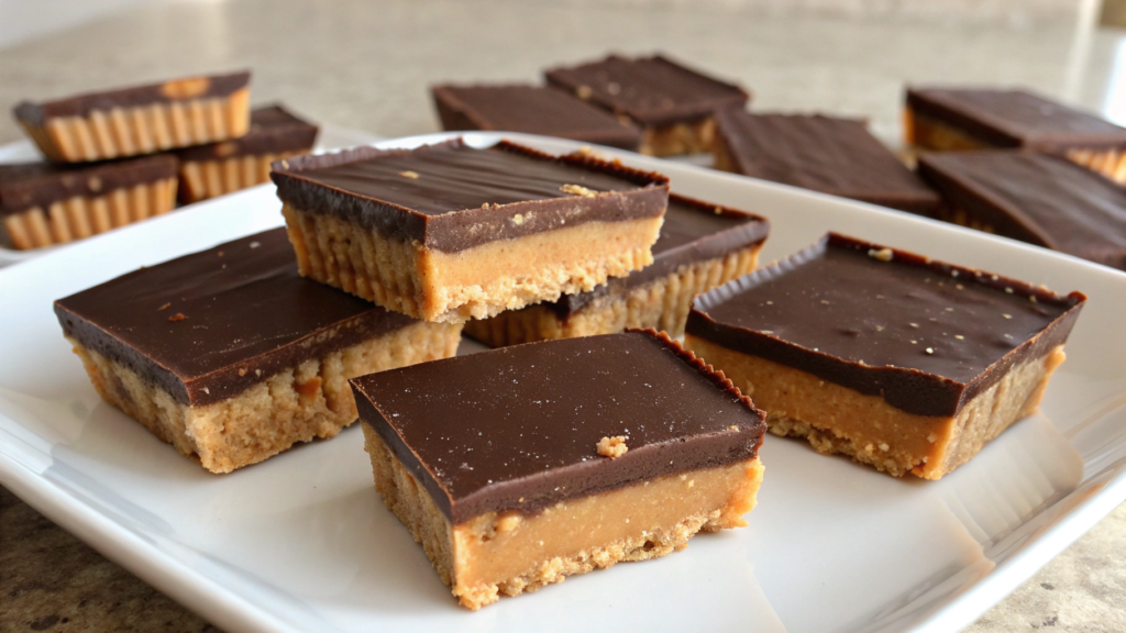 Chocolate shell homemade Reeses cups bars with coconut oil snap