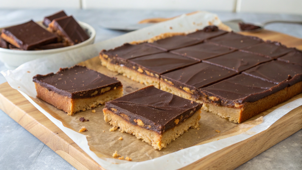 Homemade Reese’s Cups bars with chocolate ganache top layer