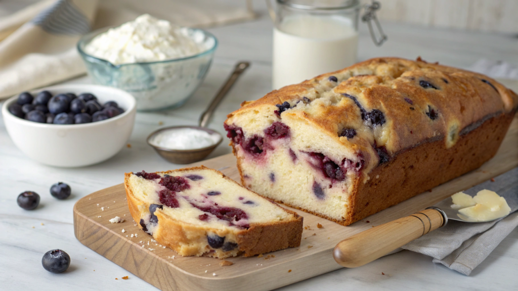 Greek yogurt blueberry cream cheese loaf for extra tender crumb