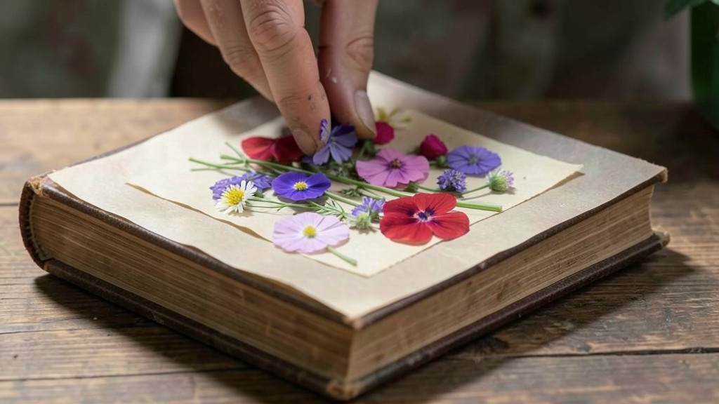 Pressing flowers in a heavy book