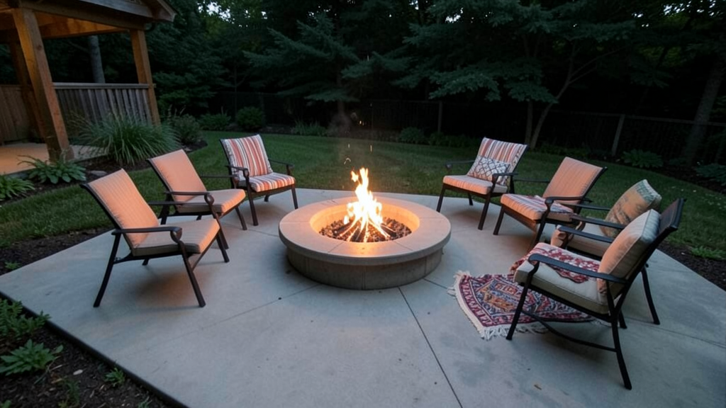 Concrete slab patio with built-in fire pit