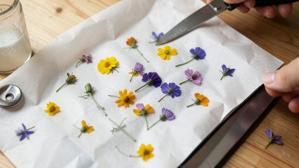 Flower pressing with parchment paper