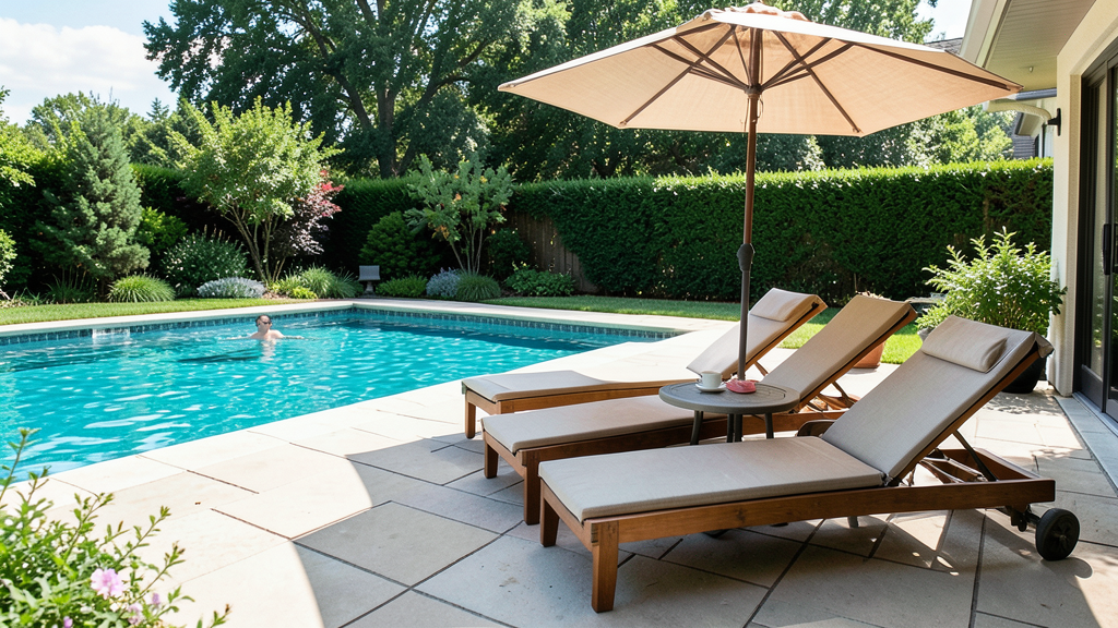 Poolside patio with sun loungers