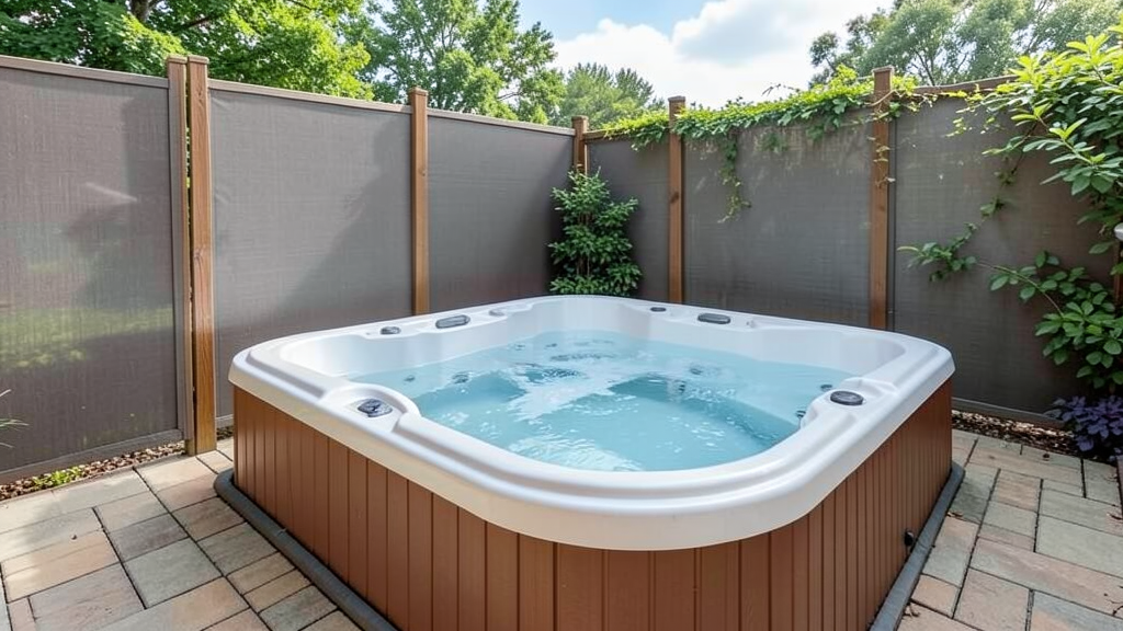 Hot tub patio with privacy screens