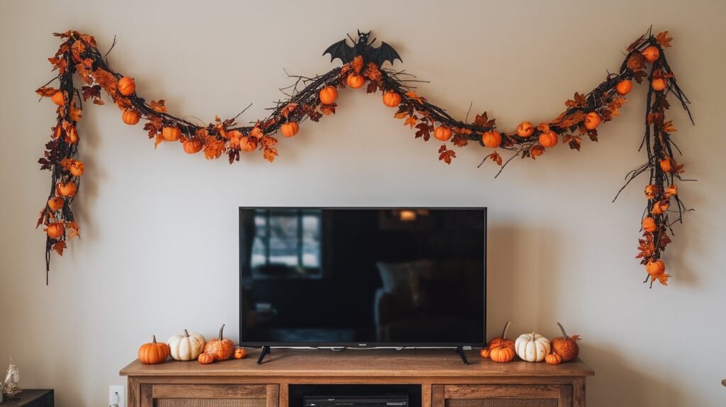 Fall garland over the TV stand
