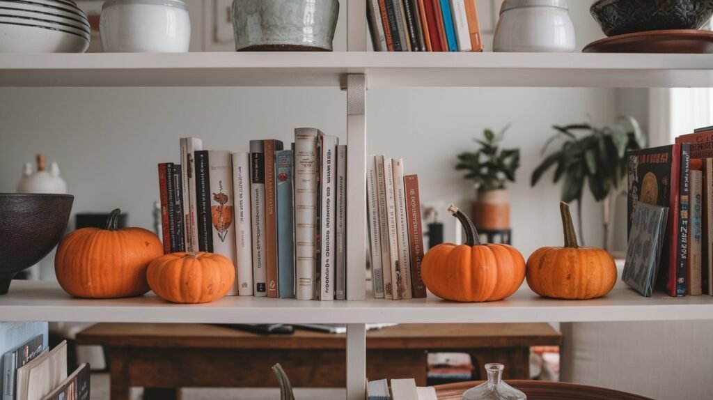 Shelf styling with mini pumpkins