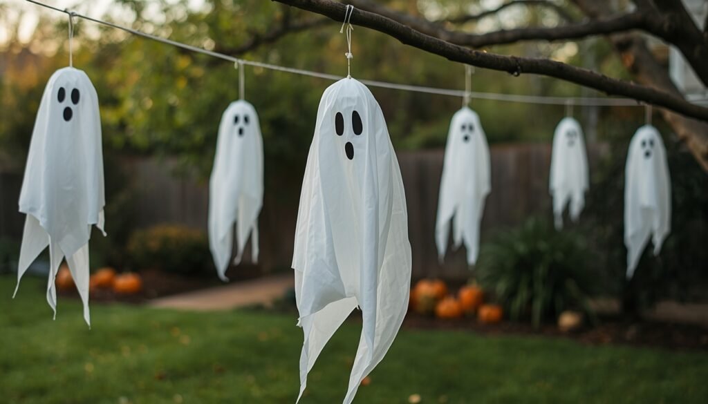 DIY hanging ghosts for the yard