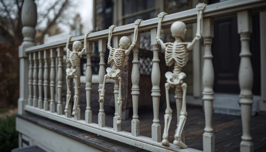 Skeletons climbing the porch rail