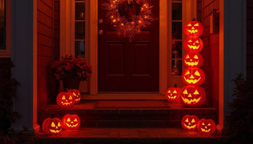Glowing jack-o’-lantern towers